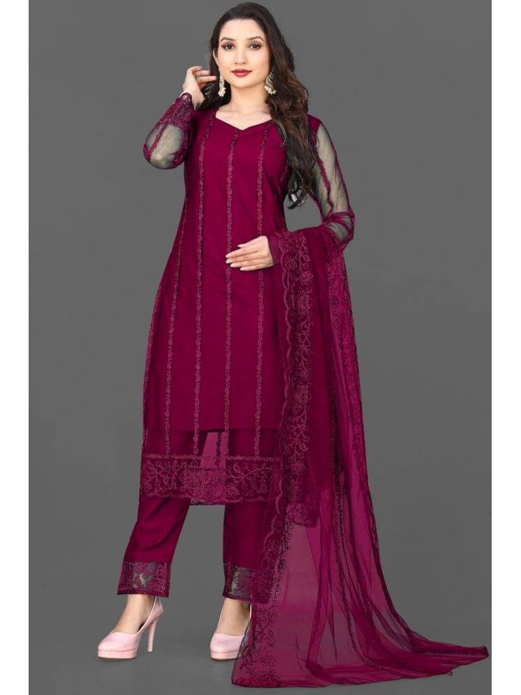 LEKHIT Net Striped Kurti With Pants Women's Stitched Salwar Suit - Burgundy ( Pack of 1 )     			LEKHIT Net Striped Kurti With Pants Women's Stitched Salwar Suit - Burgundy ( Pack of 1 )
