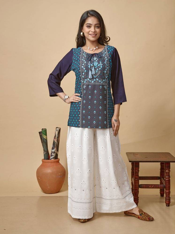     			LYRA Women Printed Tunic With Palazzos Co-Ord Set ( Navy Blue )