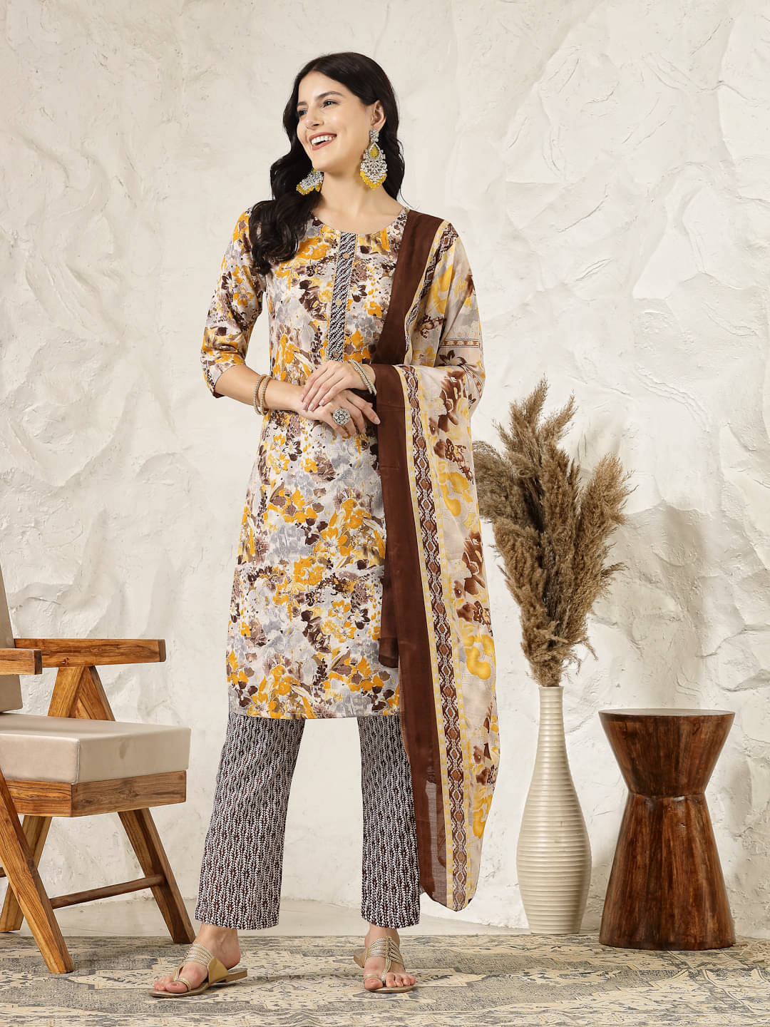     			Stylum Cotton Blend Printed Kurti With Pants Women's Stitched Salwar Suit - Mustard ( Pack of 1 )