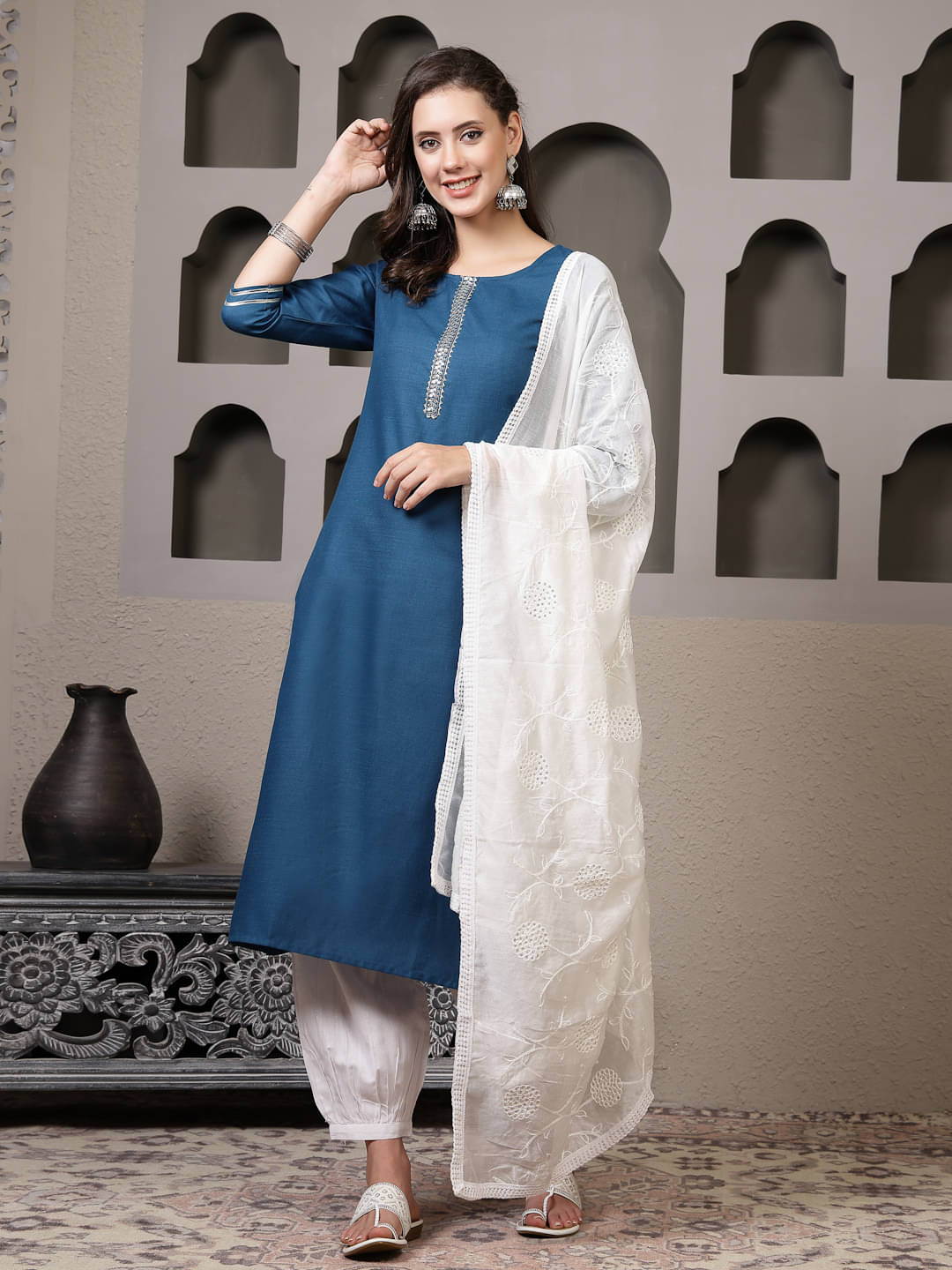 Stylum Women Cotton Blend Solid Straight Kurti With Pants ( Teal ) Stylum Women Cotton Blend Solid Straight Kurti With Pants ( Teal )