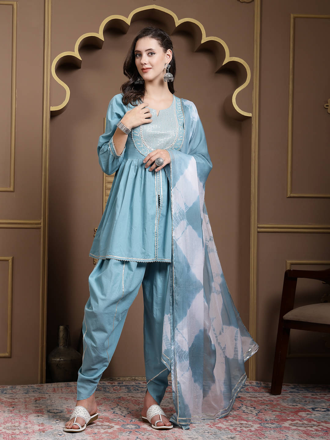 Stylum Cotton Embroidered Kurti With Dhoti Pants Women's Stitched Salwar Suit - Turquoise ( Pack of 1 ) Stylum Cotton Embroidered Kurti With Dhoti Pants Women's Stitched Salwar Suit - Turquoise ( Pack of 1 )