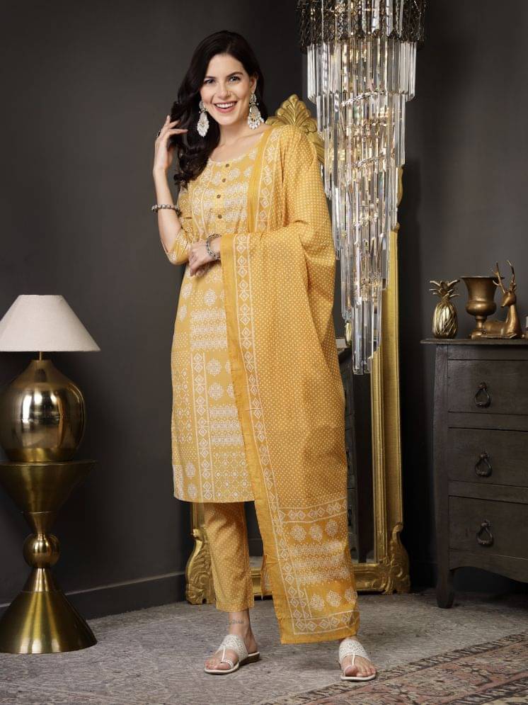 Stylum Cotton Printed Kurti With Pants Women's Stitched Salwar Suit - Mustard ( Pack of 1 ) Stylum Cotton Printed Kurti With Pants Women's Stitched Salwar Suit - Mustard ( Pack of 1 )