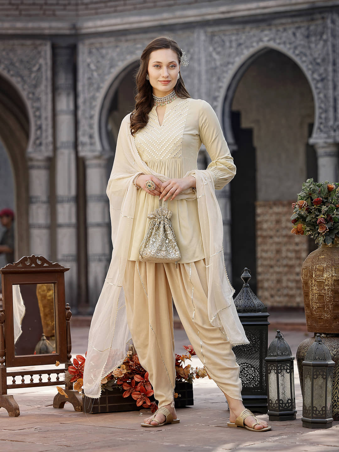 Stylum Rayon Embroidered Kurti With Dhoti Pants Women's Stitched Salwar Suit - Cream ( Pack of 1 )