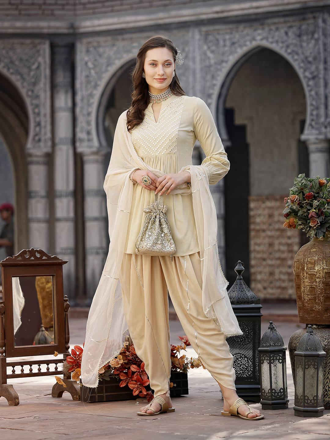 Stylum Rayon Embroidered Kurti With Dhoti Pants Women's Stitched Salwar Suit - Cream ( Pack of 1 ) Stylum Rayon Embroidered Kurti With Dhoti Pants Women's Stitched Salwar Suit - Cream ( Pack of 1 )