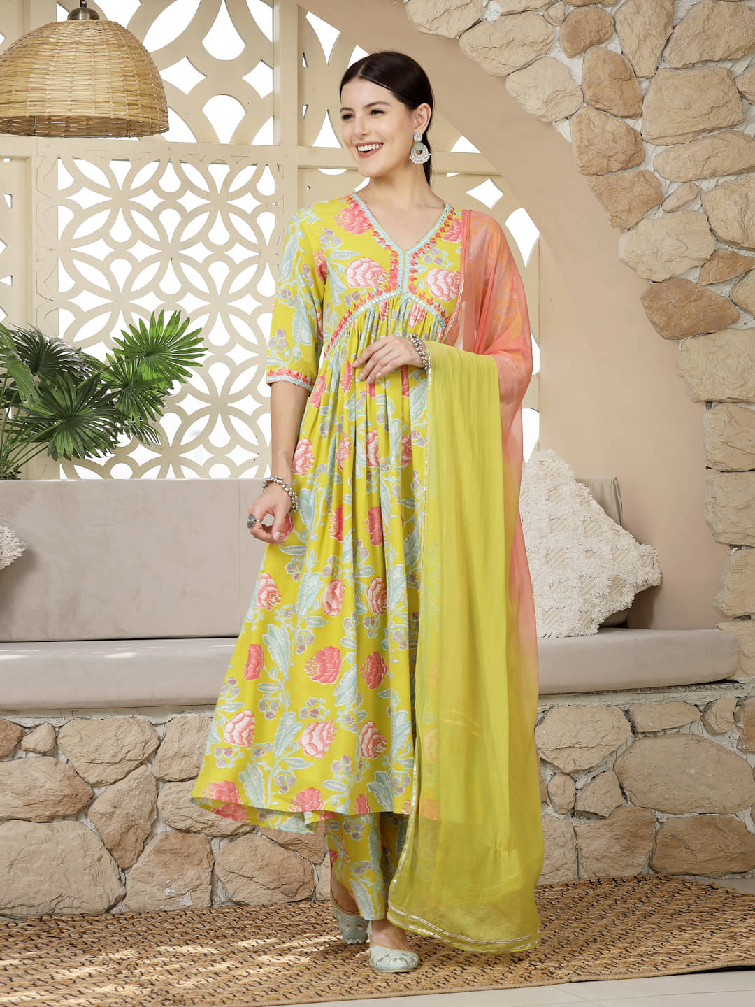     			Stylum Rayon Embroidered Kurti With Palazzo Women's Stitched Salwar Suit - Yellow ( Pack of 1 )