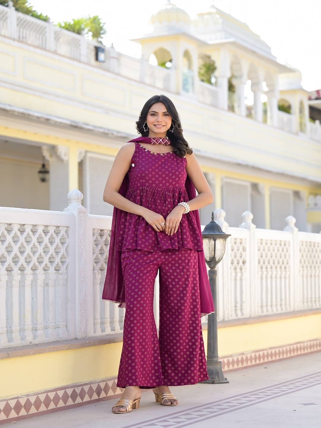     			Stylum Rayon Printed Kurti With Palazzo Women's Stitched Salwar Suit - Wine ( Pack of 1 )