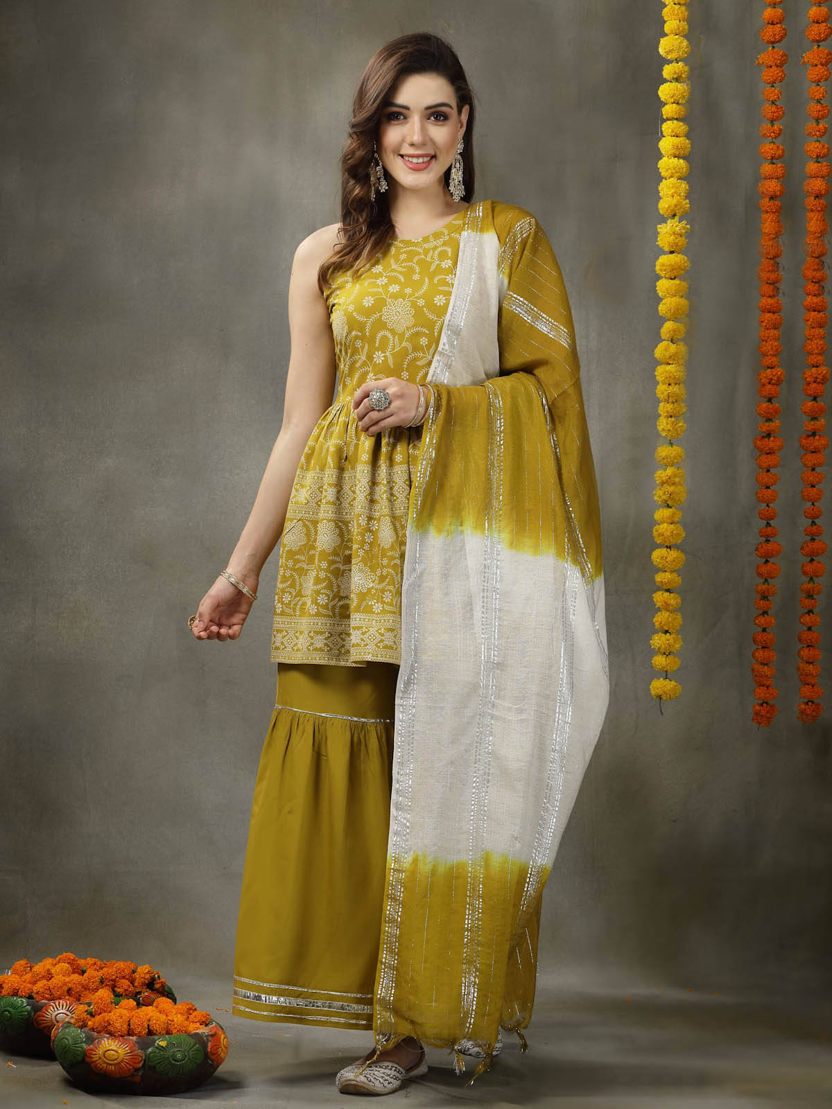     			Stylum Rayon Printed Kurti With Sharara And Gharara Women's Stitched Salwar Suit - Mustard ( Pack of 1 )