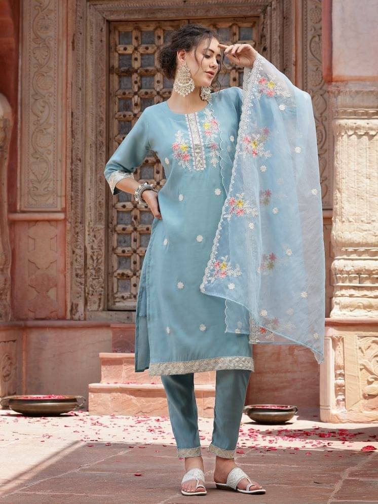 Stylum Silk Blend Embroidered Kurti With Pants Women's Stitched Salwar Suit - Blue ( Pack of 1 ) Stylum Silk Blend Embroidered Kurti With Pants Women's Stitched Salwar Suit - Blue ( Pack of 1 )