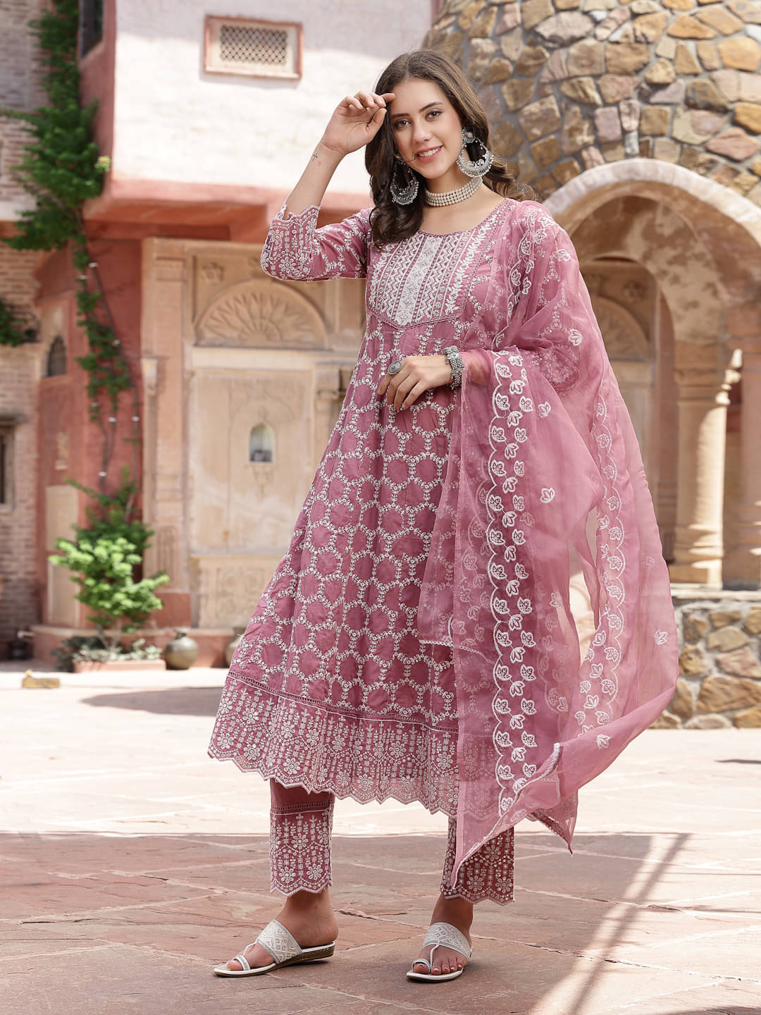     			Stylum Silk Blend Embroidered Kurti With Pants Women's Stitched Salwar Suit - Mauve ( Pack of 1 )