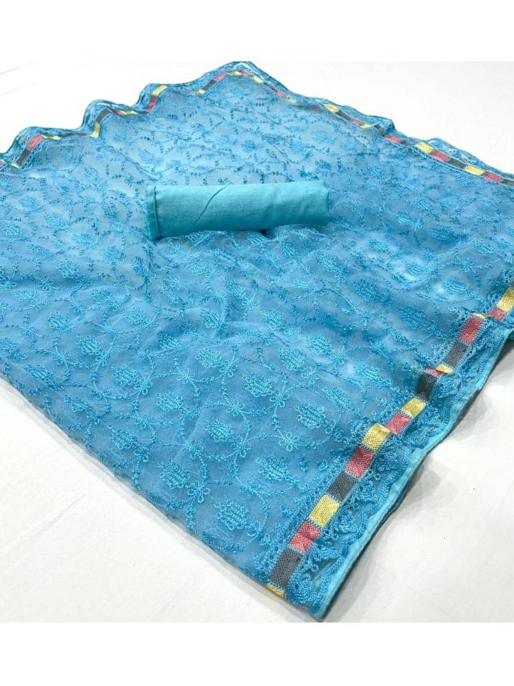     			Arkia Net Embellished Saree With Unstitched Blouse Piece ( Blue )