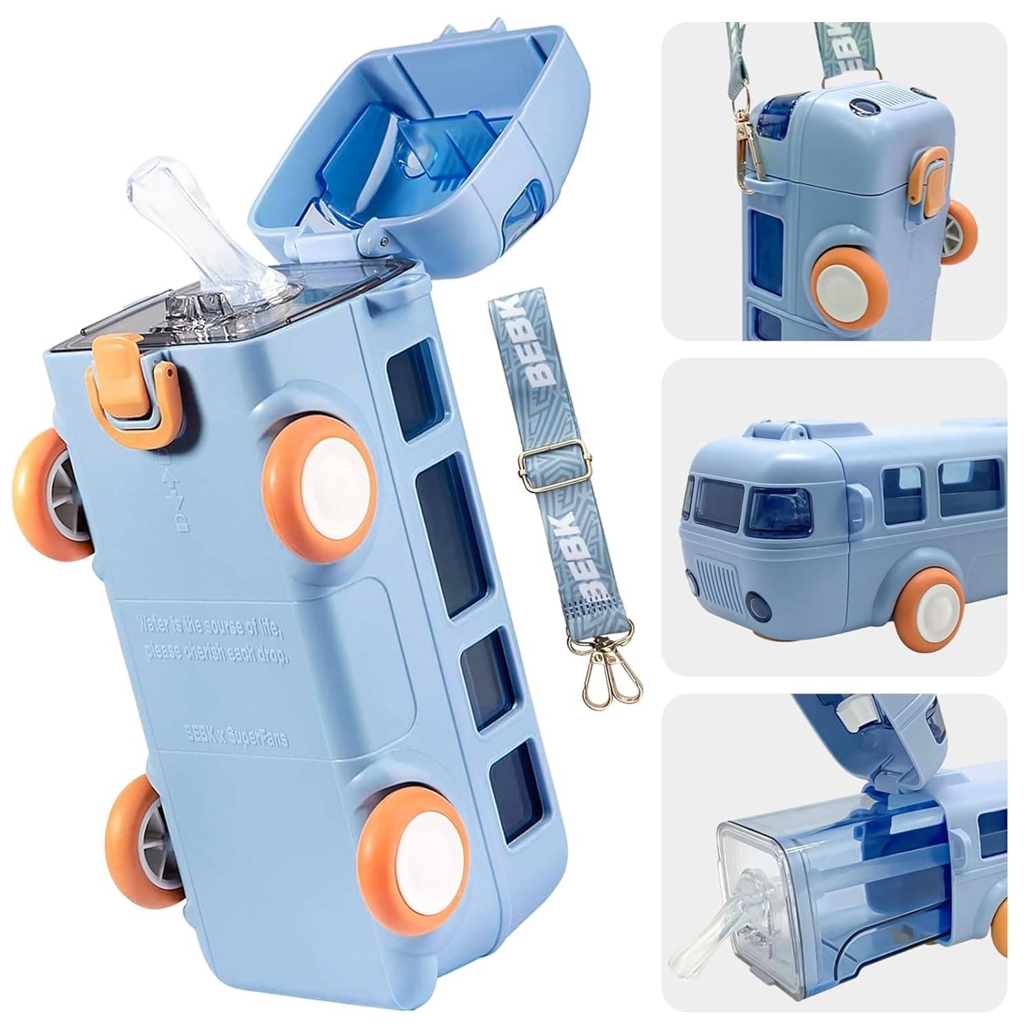     			Bus Shape Water Bottle for Kids Detachable Straw with Shoulder Strap Leak-Proof Cartoon Water Bottle with Wheels (multy-Color)
