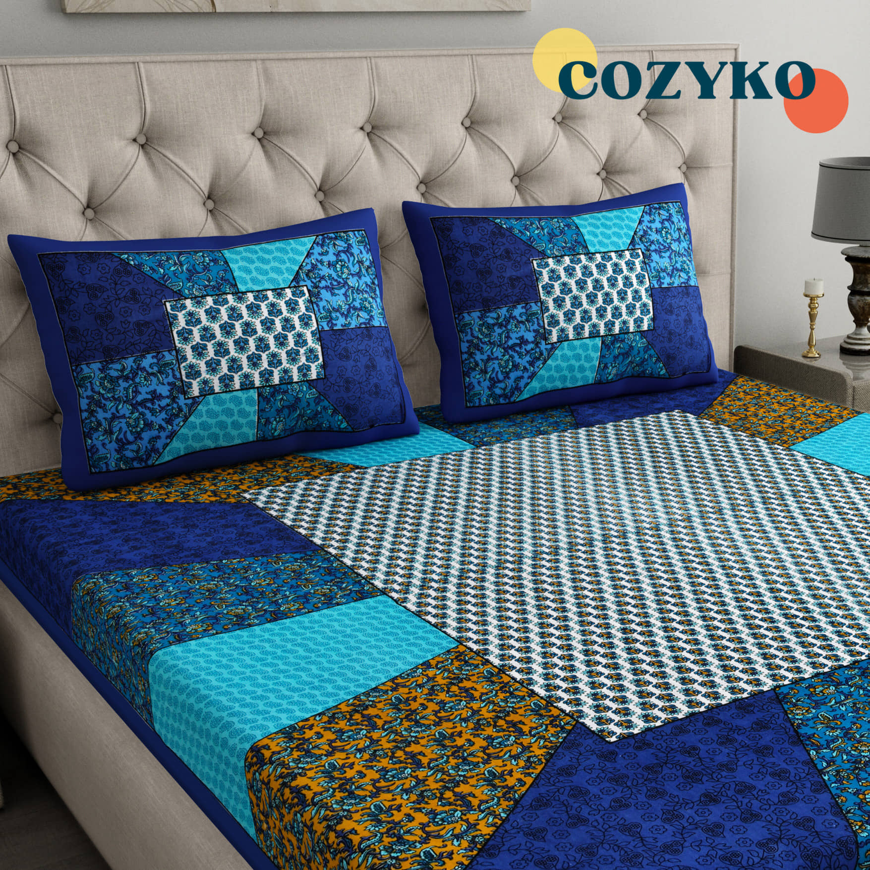 COZYKO Cotton 1 Double Bedsheet with 2 Pillow Covers ( Multicolor )