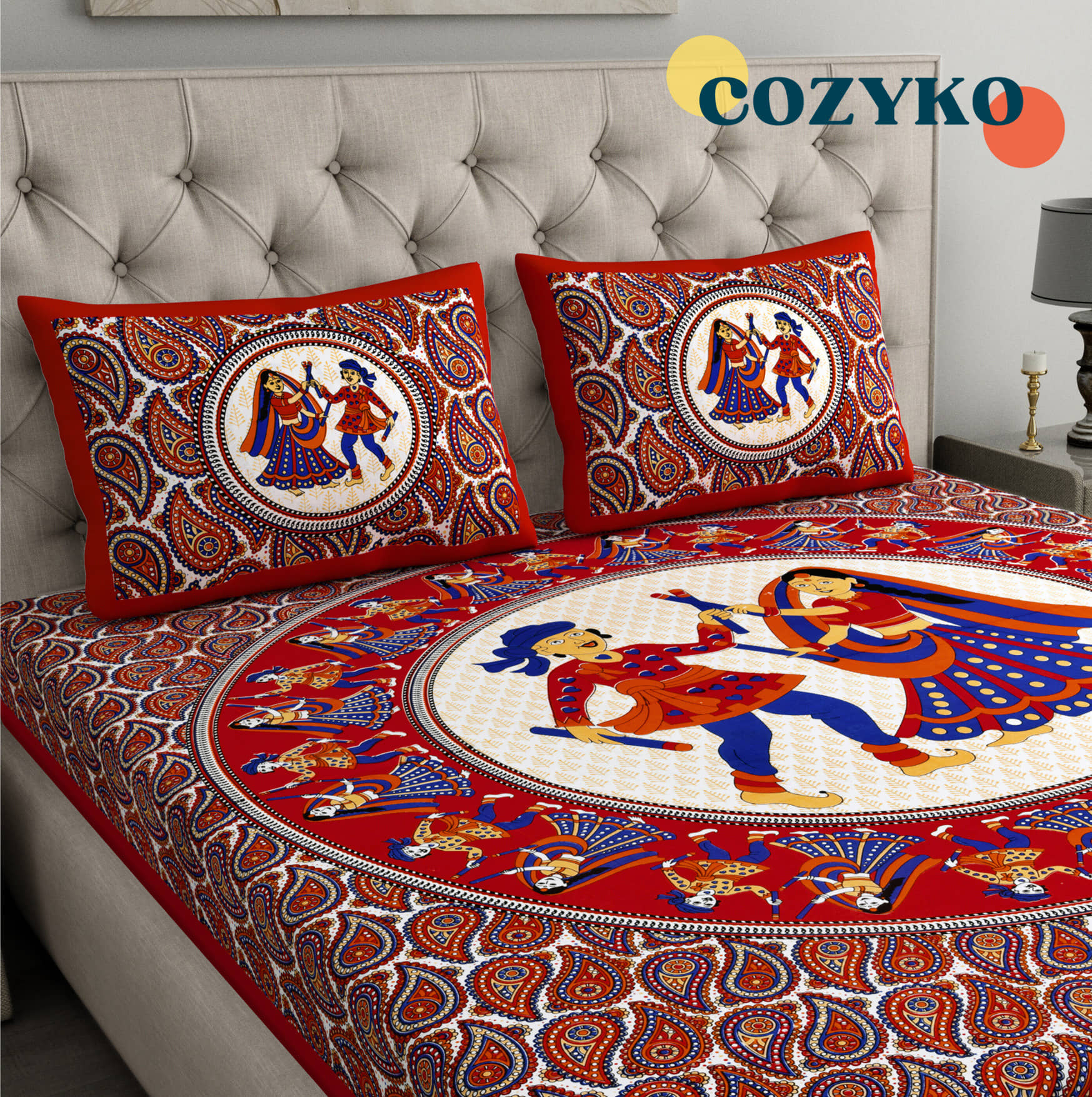 COZYKO Cotton 1 Double Bedsheet with 2 Pillow Covers ( Multicolor )