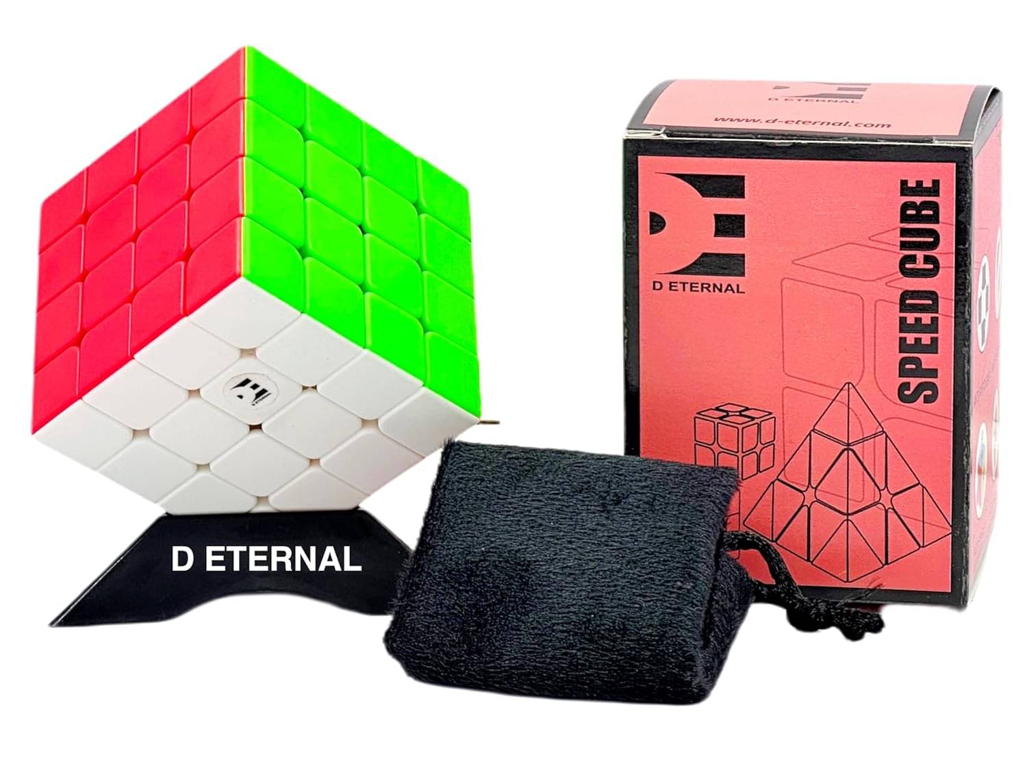     			D ETERNAL 4x4 Stickerless Cube | Beginner Speedcube for Kids & Adults with Cube Stand and Protecting Pouch Bag Cube Combo Set (4x4+Stand+Bag)