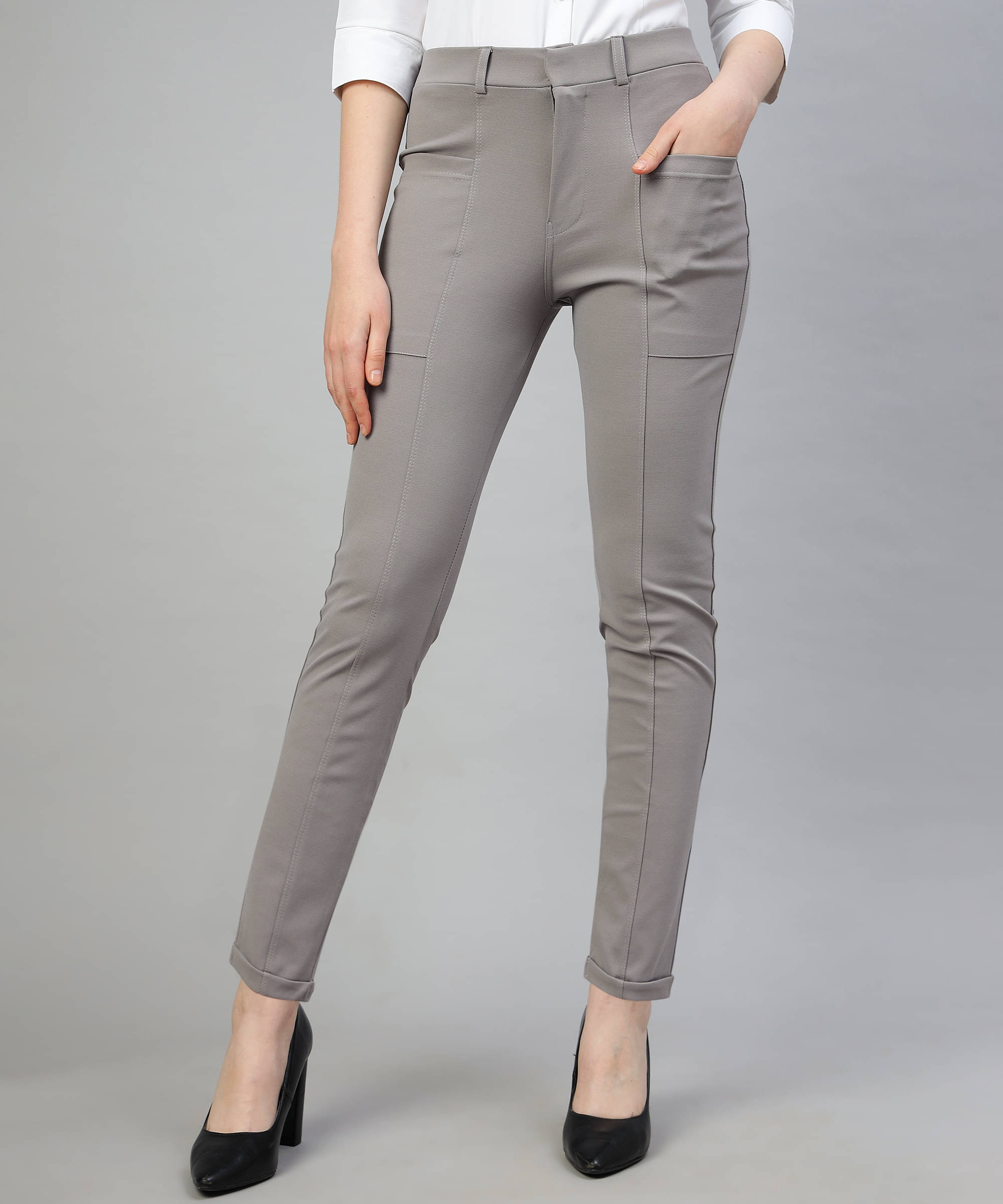     			FITHUB Light Grey Cotton Blend Slim Women's Formal Pants ( Pack of 1 )