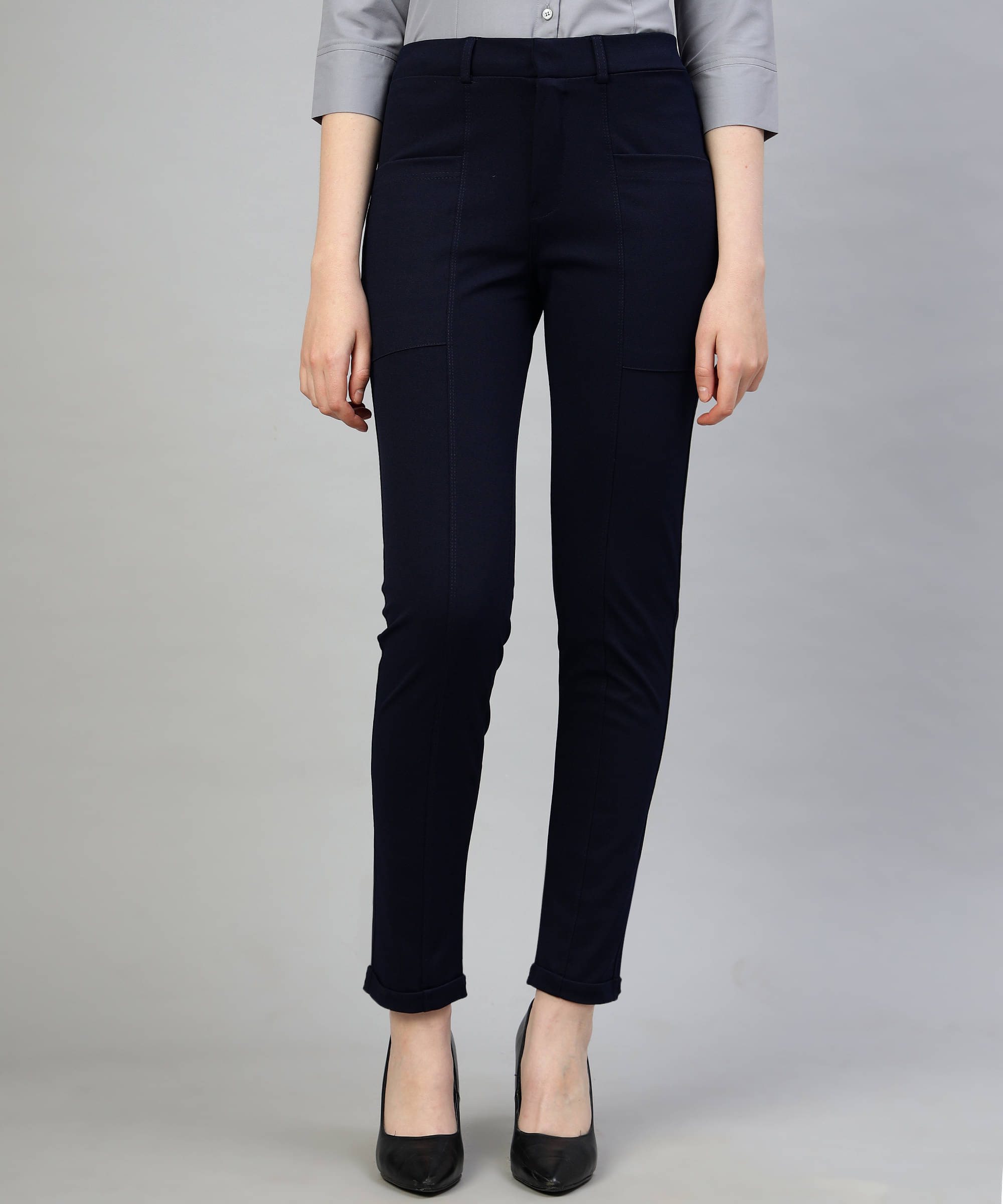     			FITHUB Navy Blue Cotton Blend Slim Women's Formal Pants ( Pack of 1 )