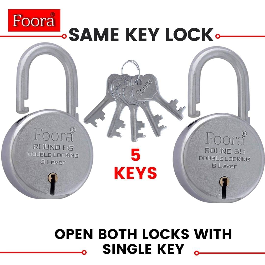     			Foora Lock and Key Set – Door Lock for Home and Shop, Same Key for Multiple Locks, 2 Same Key Lock Set, Common Key Lock Set of 2, Silver Finish (Round 65mm)