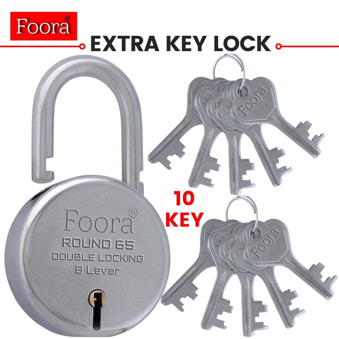     			Foora Lock for Home Round 65 Padlock with 10 same Keys and Key Chain 8 Lever Double Locking gate, Shop Shutter Silver Finish