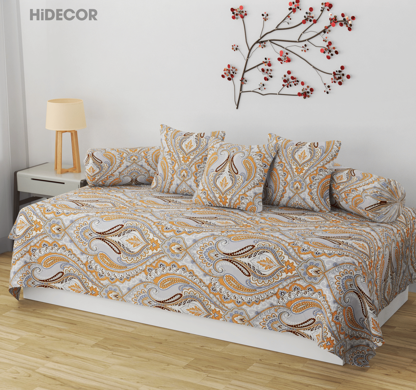     			HIDECOR Cotton Abstract Diwan Set 6 Pcs - Gold