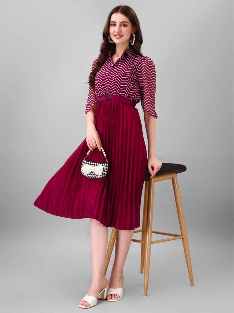 Krunal Raiyani Polyester Printed Midi Women's Fit & Flare Dress - Purple ( Pack of 1 ) Krunal Raiyani Polyester Printed Midi Women's Fit & Flare Dress - Purple ( Pack of 1 )