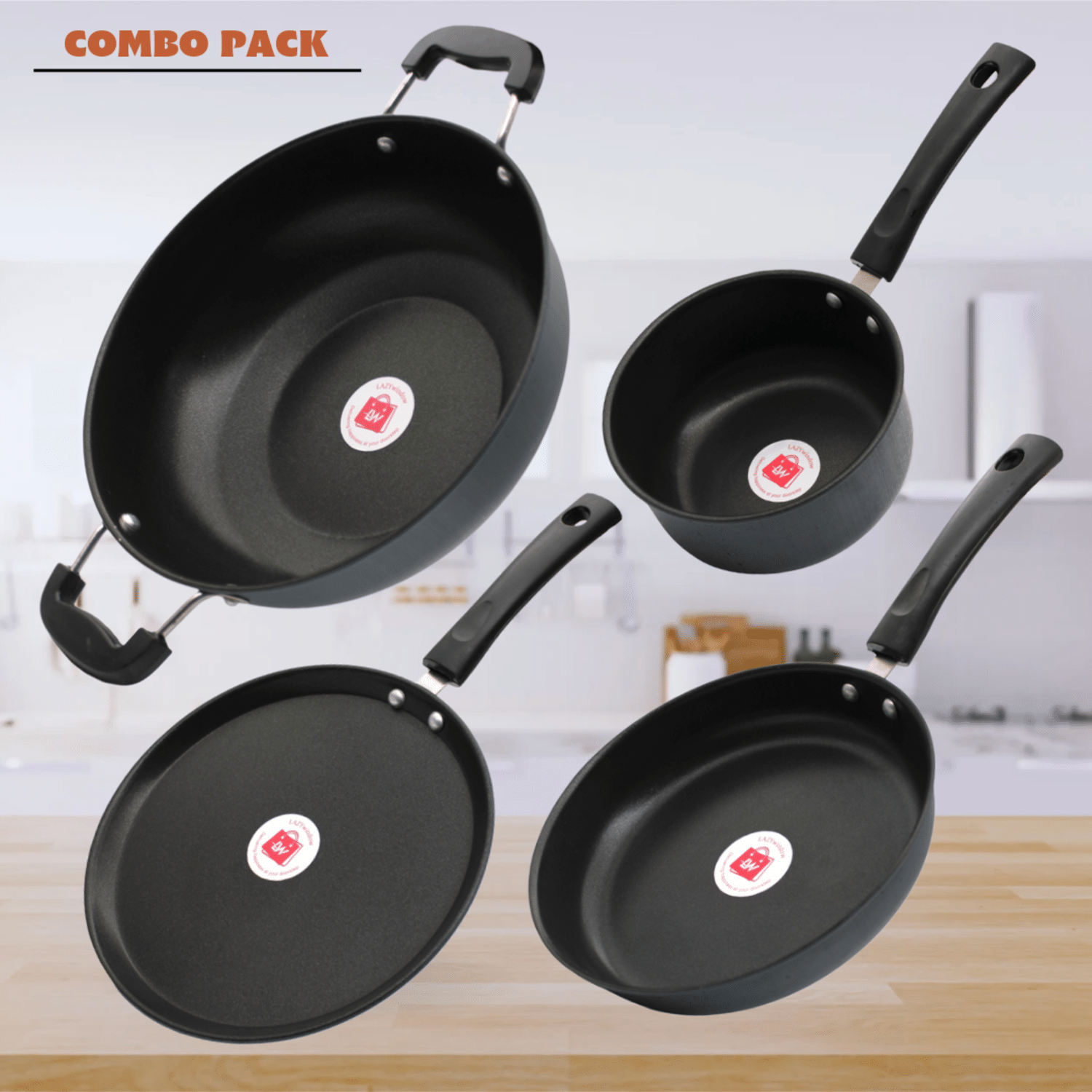     			LAZYWINDOW Grey Hard Anodised Non-Stick Cookware Sets ( Set of 4 )