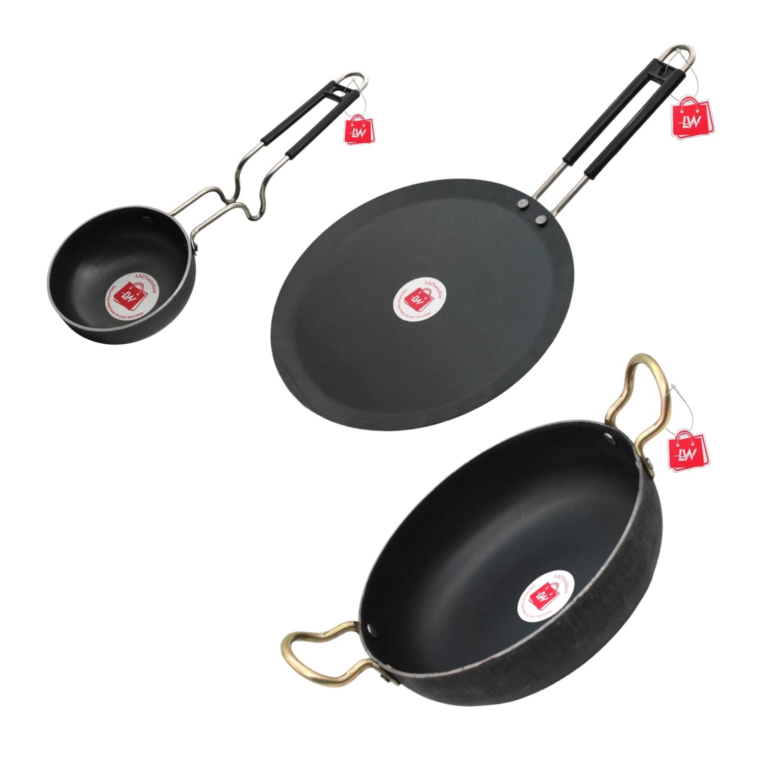 LAZYWINDOW Tawa/Pan/Kadhai Black Iron No Coating Cookware Sets ( Set of 3 ) LAZYWINDOW Tawa/Pan/Kadhai Black Iron No Coating Cookware Sets ( Set of 3 )