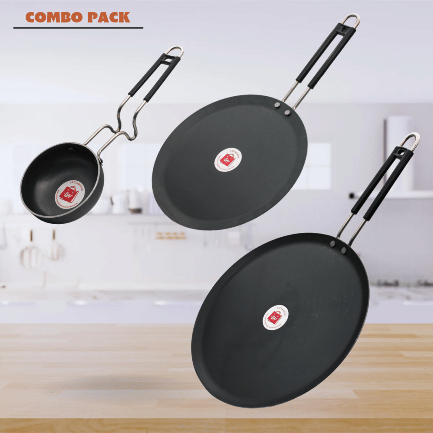 LAZYWINDOW Tawa & Tadka Pan Black Iron No Coating Cookware Sets ( Set of 3 ) - Cookware | Buy online on ZillyBuy