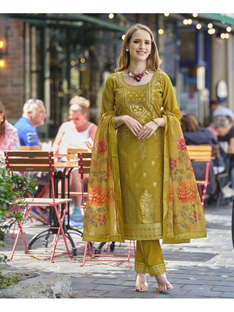 MOJILAA Chanderi Embroidered Kurti With Pants Women's Stitched Salwar Suit - Lime Green ( Pack of 1 )     			MOJILAA Chanderi Embroidered Kurti With Pants Women's Stitched Salwar Suit - Lime Green ( Pack of 1 )