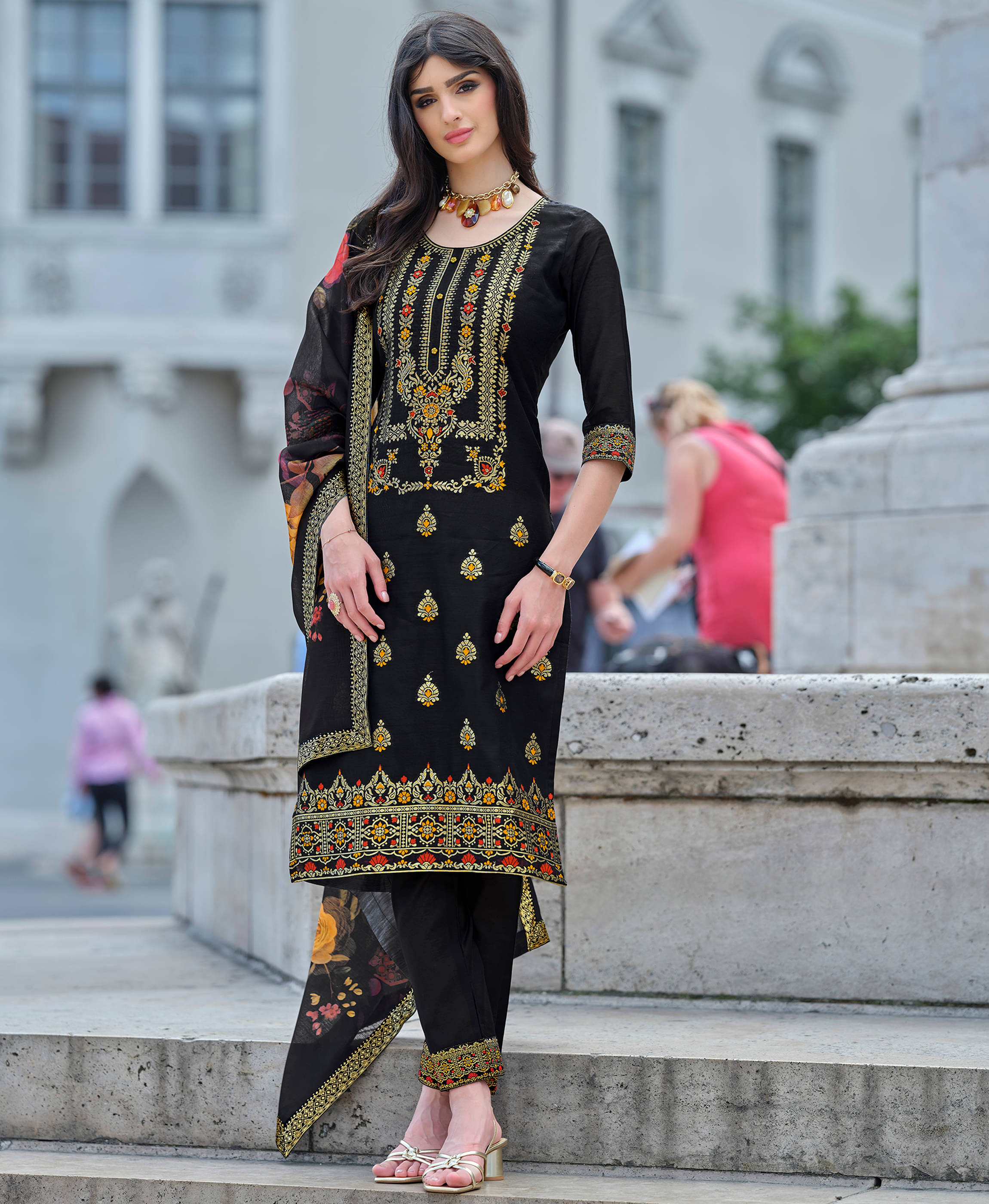 MOJILAA Chanderi Self Design Kurti With Pants Women's Stitched Salwar Suit - Black ( Pack of 1 ) MOJILAA Chanderi Self Design Kurti With Pants Women's Stitched Salwar Suit - Black ( Pack of 1 )