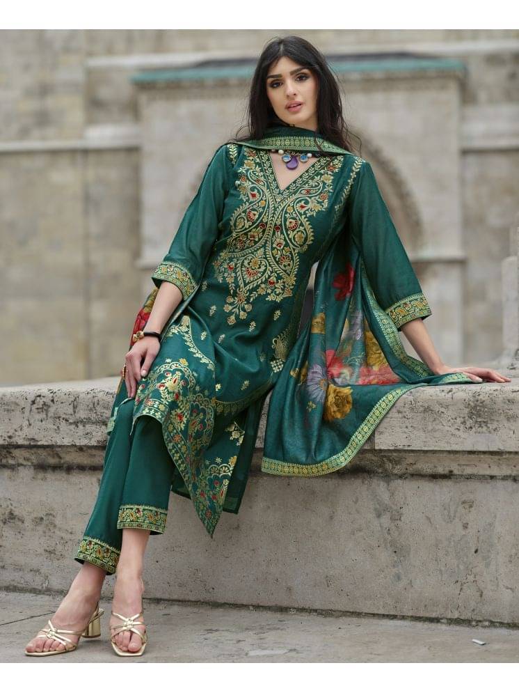 MOJILAA Chanderi Self Design Kurti With Pants Women's Stitched Salwar Suit - Green ( Pack of 1 ) MOJILAA Chanderi Self Design Kurti With Pants Women's Stitched Salwar Suit - Green ( Pack of 1 )