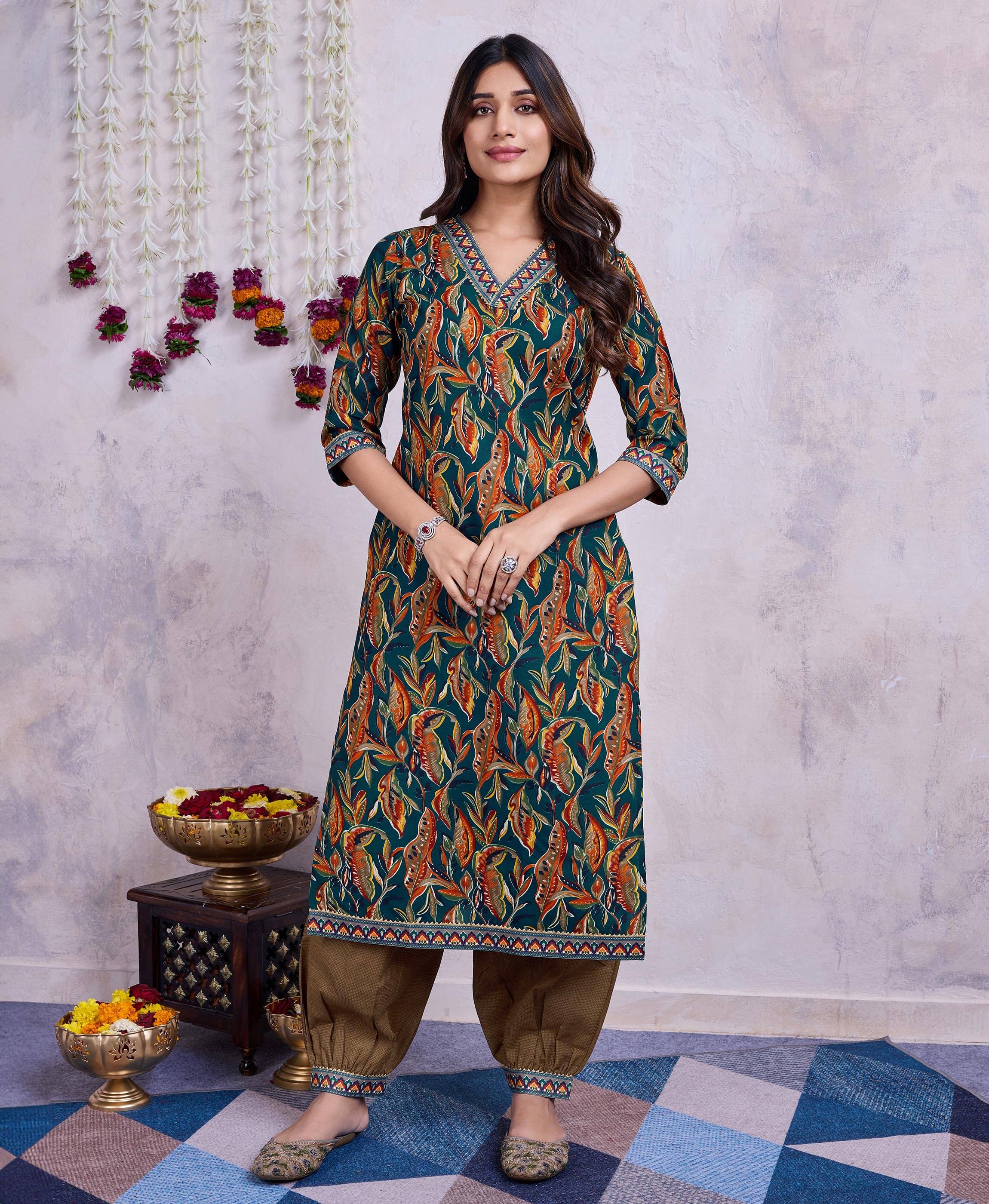     			MOJILAA Cotton Printed Kurti With Salwar Women's Stitched Salwar Suit - Green ( Pack of 1 )