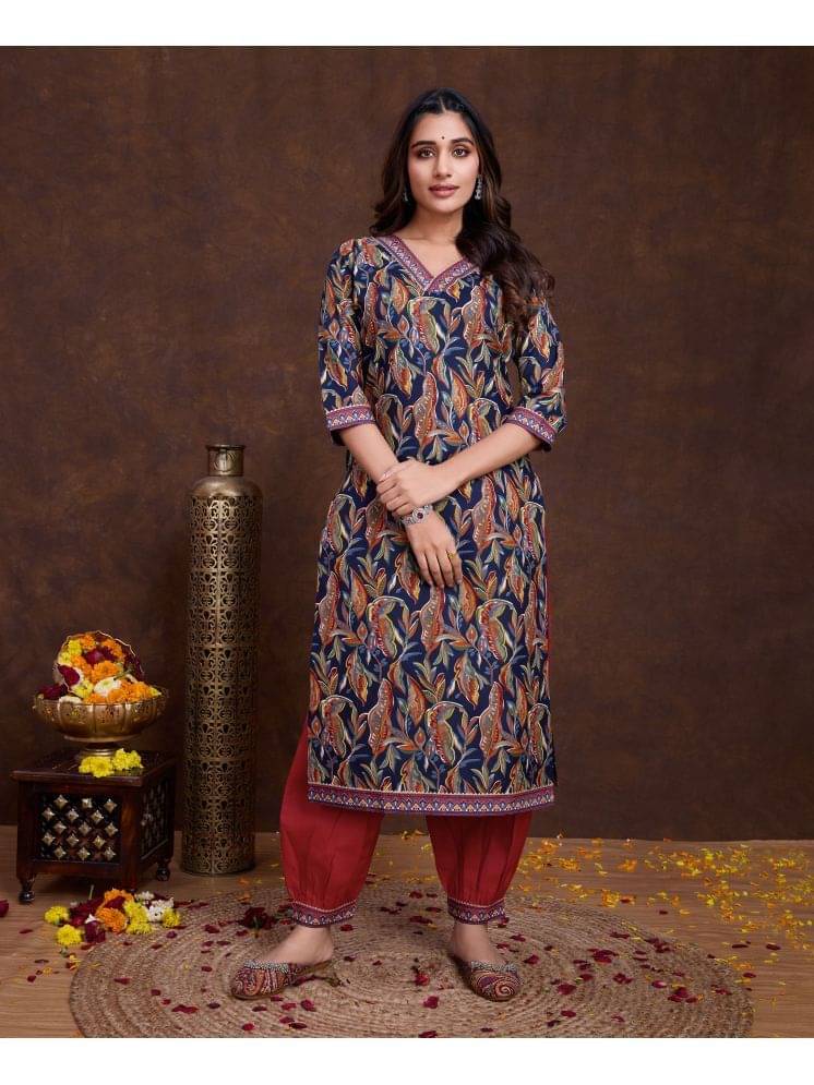     			MOJILAA Cotton Printed Kurti With Salwar Women's Stitched Salwar Suit - Navy ( Pack of 1 )