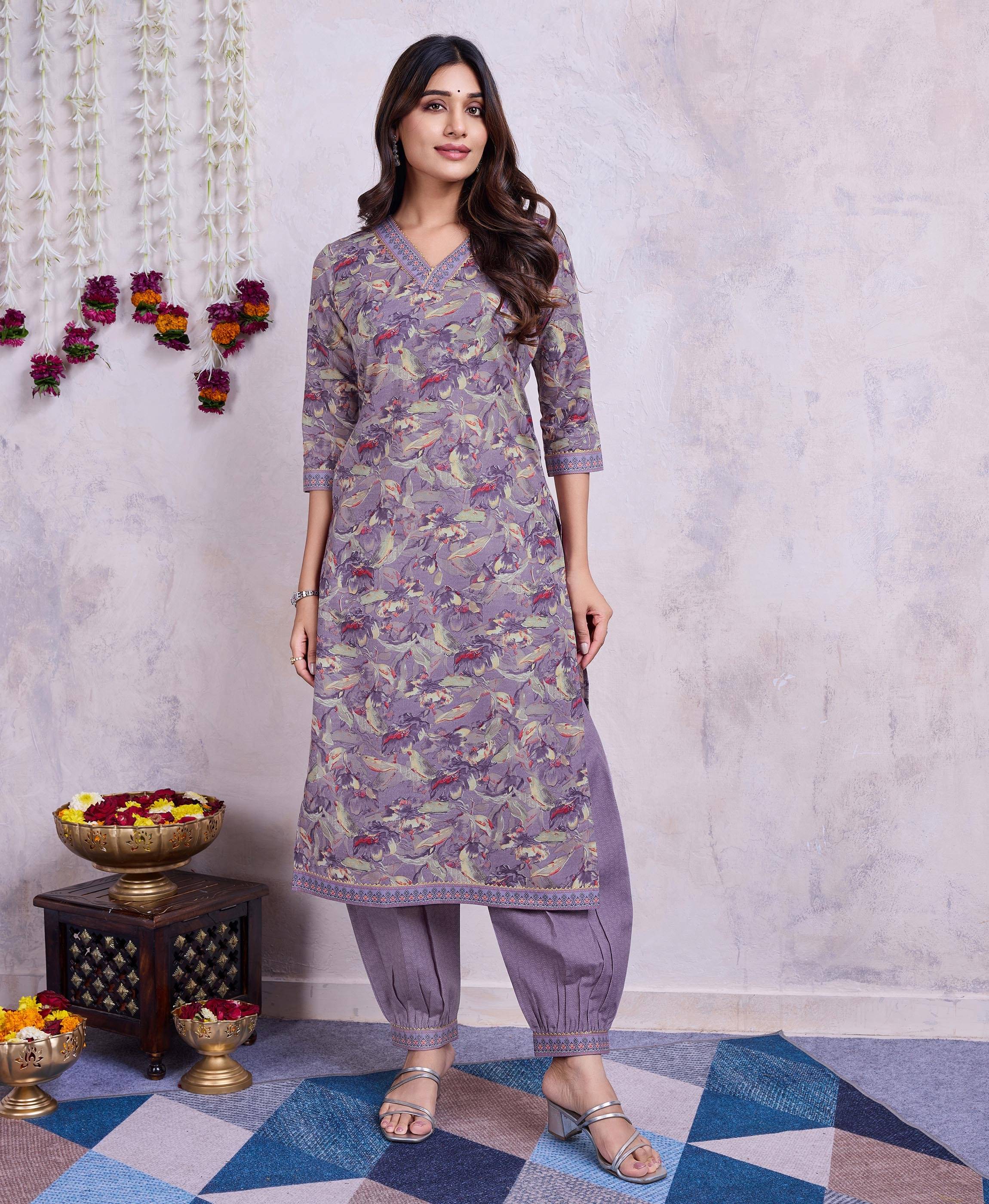     			MOJILAA Cotton Self Design Kurti With Salwar Women's Stitched Salwar Suit - Lavender ( Pack of 1 )