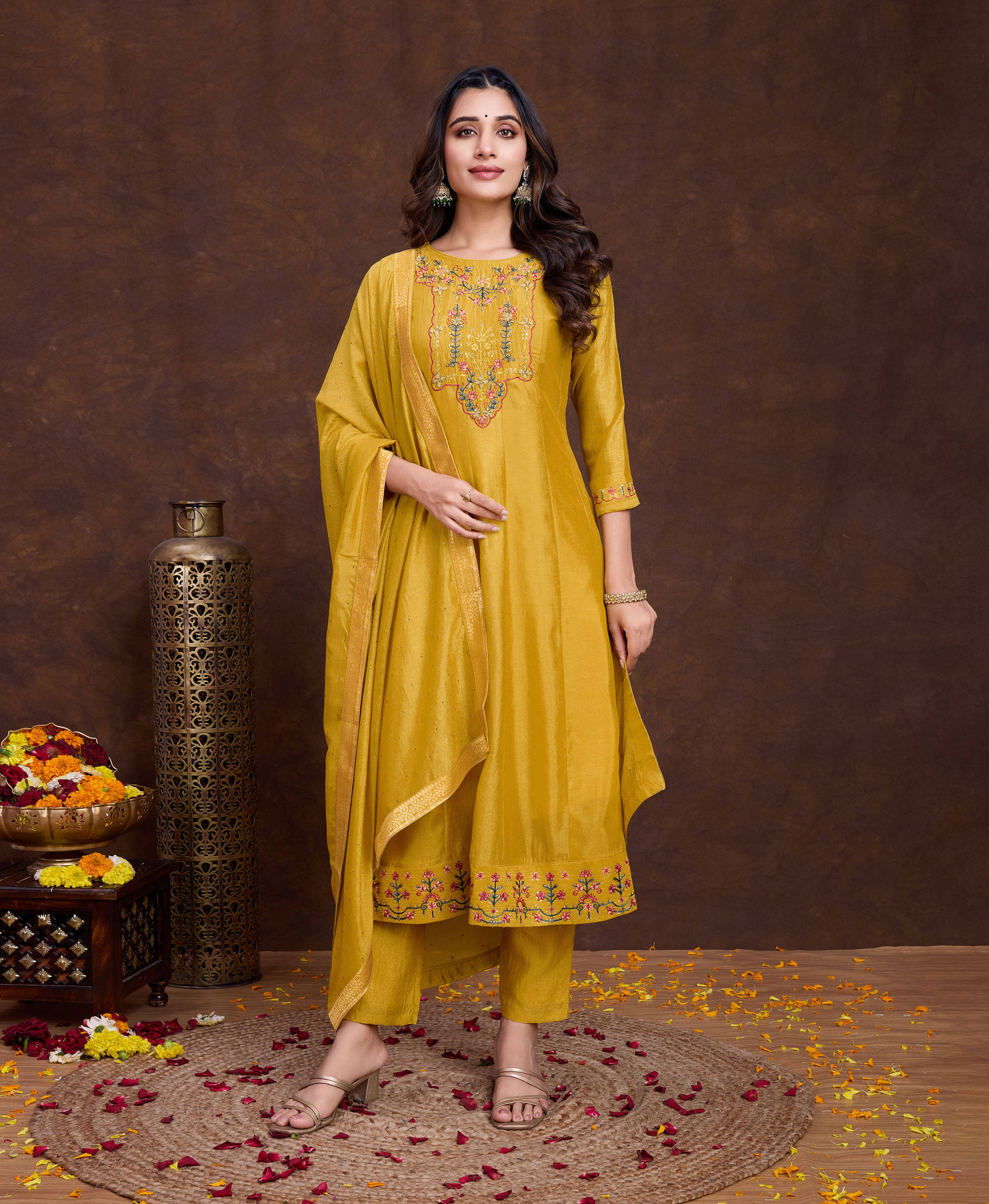 MOJILAA Silk Embroidered Kurti With Pants Women's Stitched Salwar Suit - Mustard ( Pack of 1 ) MOJILAA Silk Embroidered Kurti With Pants Women's Stitched Salwar Suit - Mustard ( Pack of 1 )