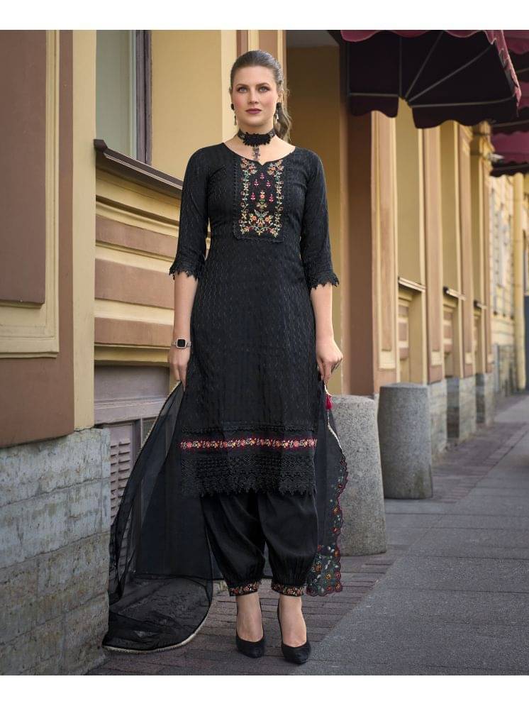 MOJILAA Viscose Embroidered Kurti With Salwar Women's Stitched Salwar Suit - Black ( Pack of 1 ) MOJILAA Viscose Embroidered Kurti With Salwar Women's Stitched Salwar Suit - Black ( Pack of 1 )