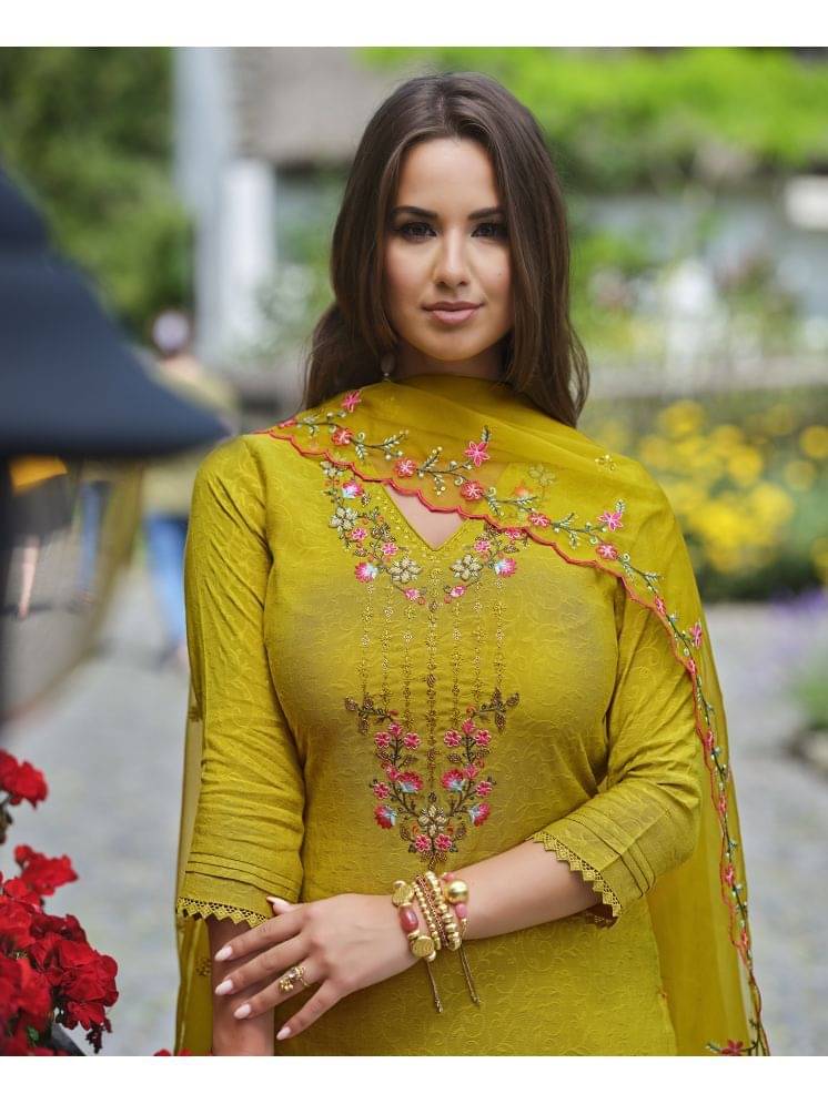 MOJILAA Viscose Embroidered Kurti With Dhoti Pants Women's Stitched Salwar Suit - Lime Green ( Pack of 1 ) MOJILAA Viscose Embroidered Kurti With Dhoti Pants Women's Stitched Salwar Suit - Lime Green ( Pack of 1 )