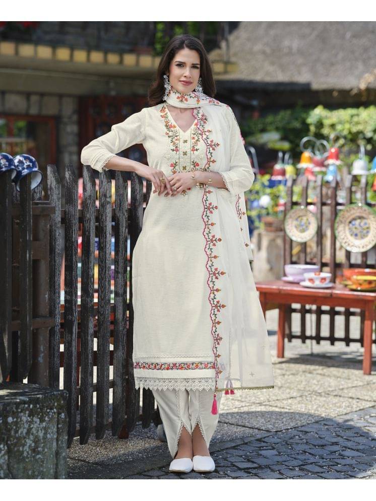 MOJILAA Viscose Embroidered Kurti With Dhoti Pants Women's Stitched Salwar Suit - Off White ( Pack of 1 ) MOJILAA Viscose Embroidered Kurti With Dhoti Pants Women's Stitched Salwar Suit - Off White ( Pack of 1 )