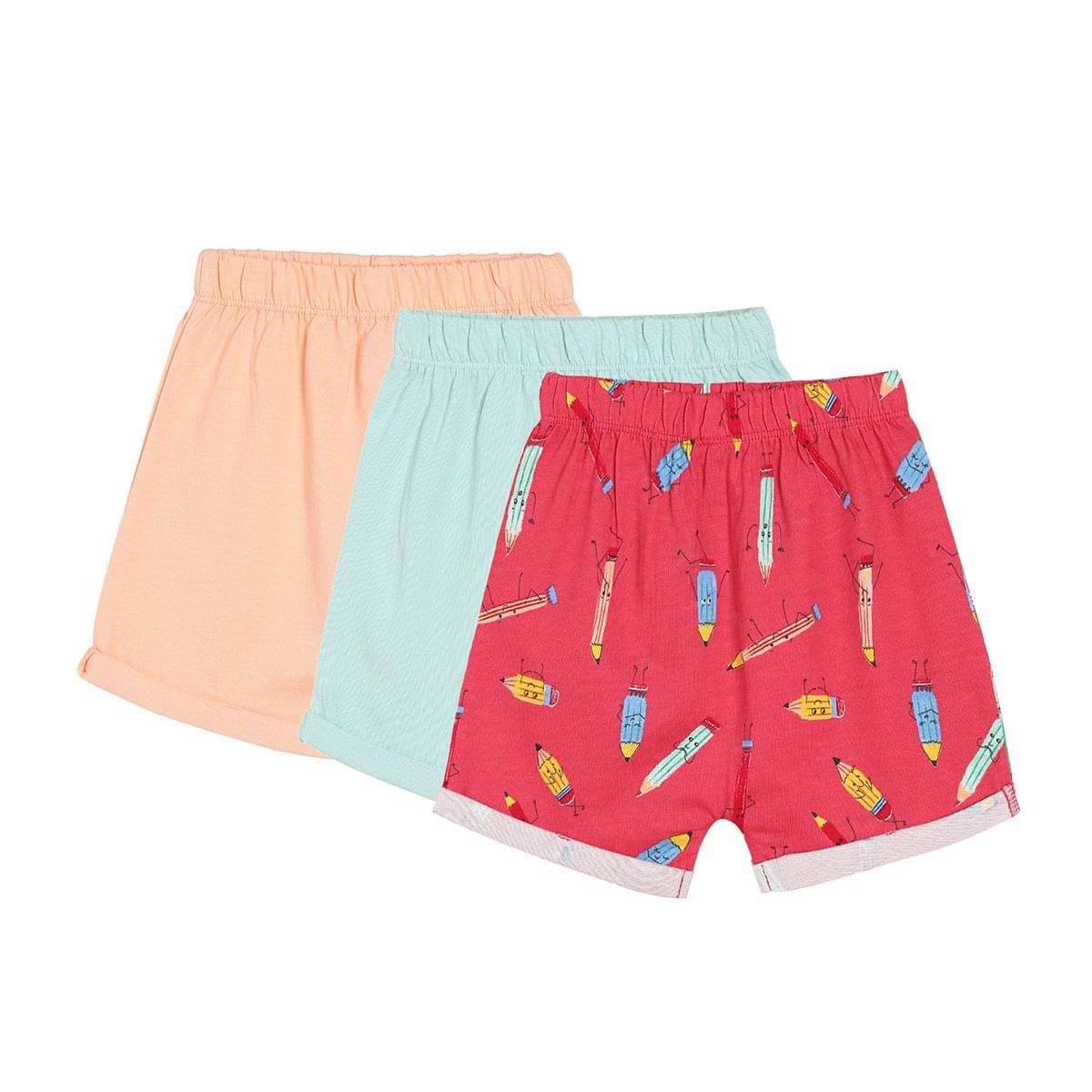     			Miniklub Baby Girls  Thigh Length Knit Shorts, Pack of 3 (Green/Peach/Coral Color)