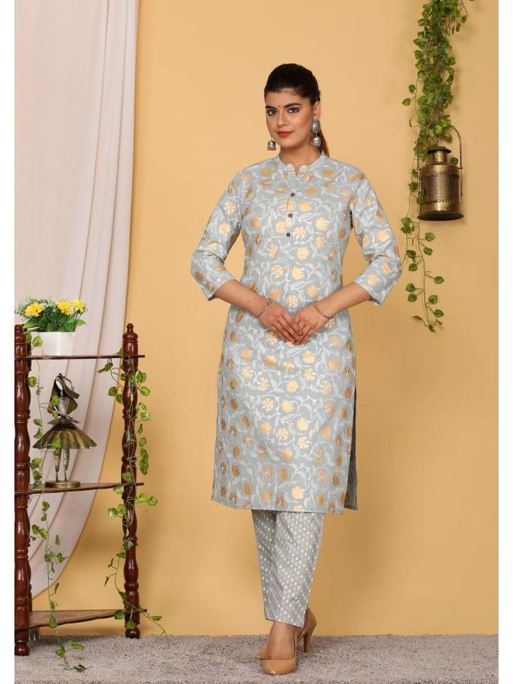     			Sarli Cotton Printed Kurti With Pants Women's Stitched Salwar Suit - Silver ( Pack of 1 )