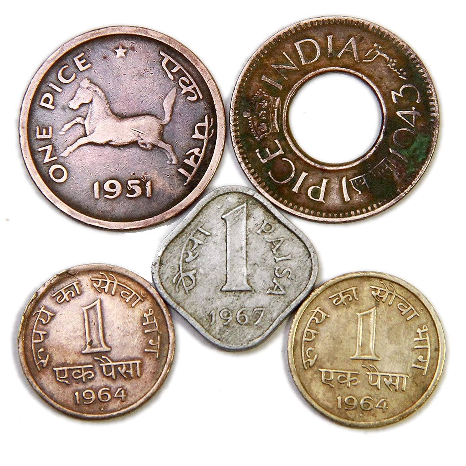 Set of 5 Different Coins of 1 Paise/Pice (Copper, Brass, Bronze, Aluminium) Set of 5 Different Coins of 1 Paise/Pice (Copper, Brass, Bronze, Aluminium)