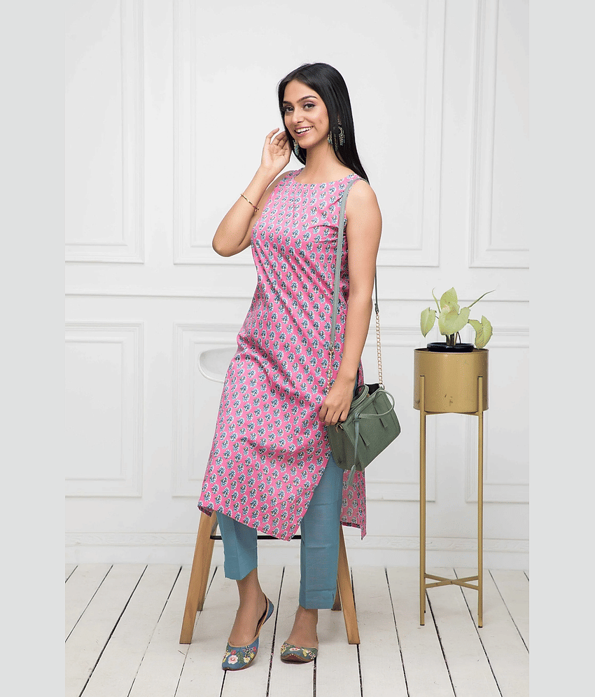 Shivaradhya designers Cotton Printed Straight Women's Kurti - Pink ( Pack of 1 ) - Kurtis, Tunics | Buy online on ZillyBuy