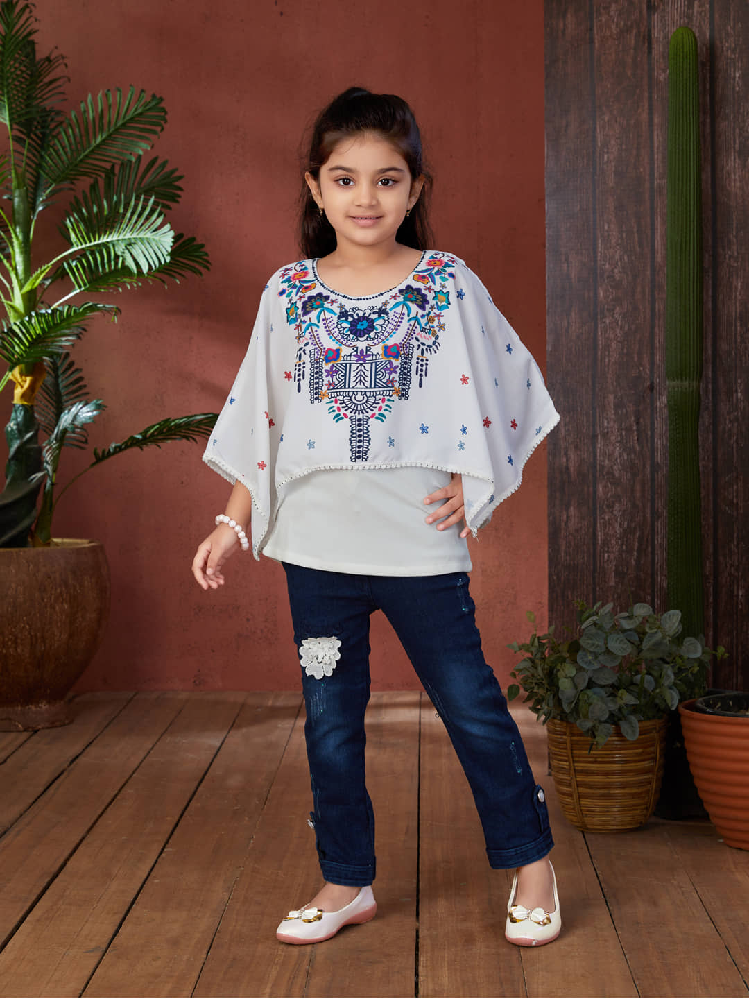 Aarika Pack of 1 Girls Georgette Top With Jeans ( White & Blue )