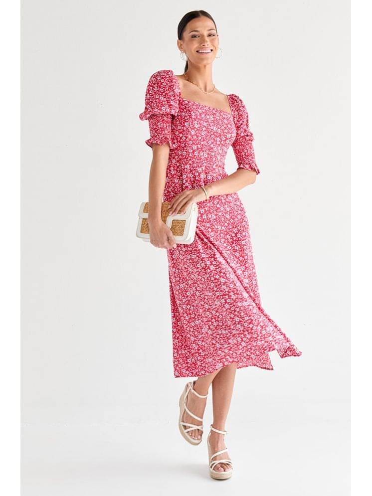     			DEARTHANK Women Crepe Printed Fit & Flare Dress ( Pink )
