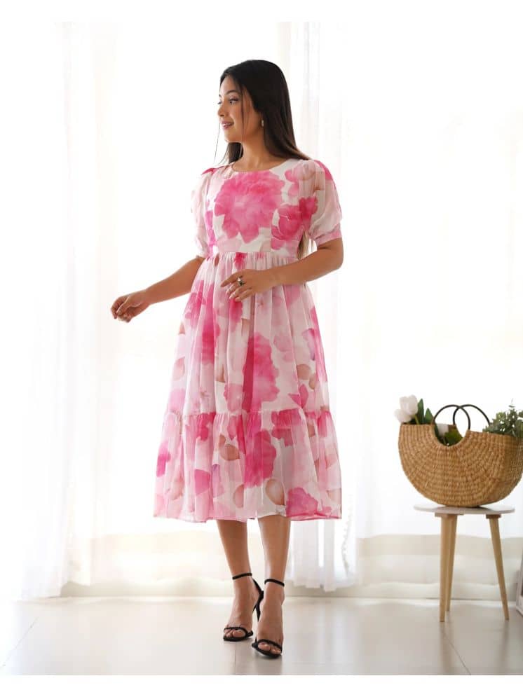 DEARTHANK Women Georgette Printed Fit & Flare Dress ( Pink )