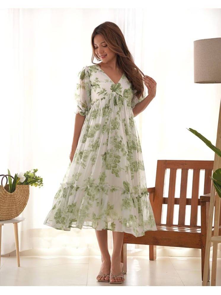 DEARTHANK Women Georgette Printed Fit & Flare Dress ( Green ) DEARTHANK Women Georgette Printed Fit & Flare Dress ( Green )