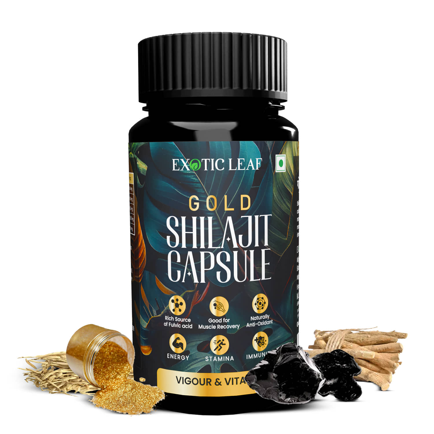 EXOTIC LEAF Gold Shilajit 120 Capsules for Strength, Stamina, and Endurance | Enriched with 24 Carat Gold (Swarn bhasm) | Lab Tested, 100% Ayurvedic Formula