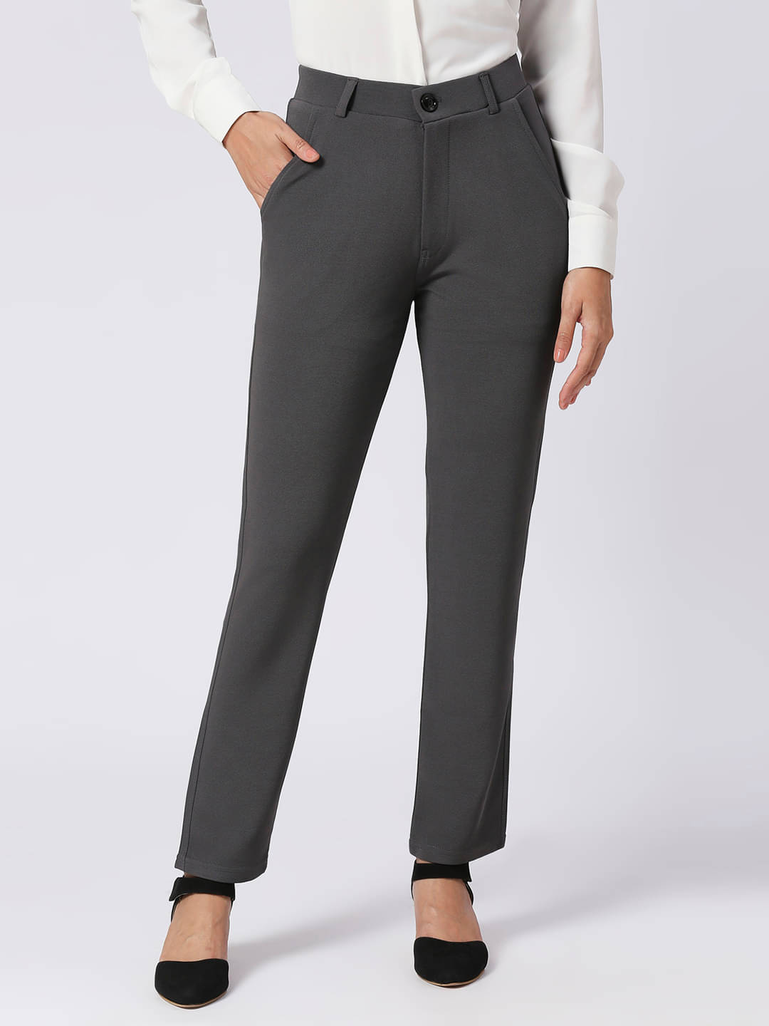     			FITHUB Dark Grey Cotton Blend Slim Women's Formal Pants ( Pack of 1 )