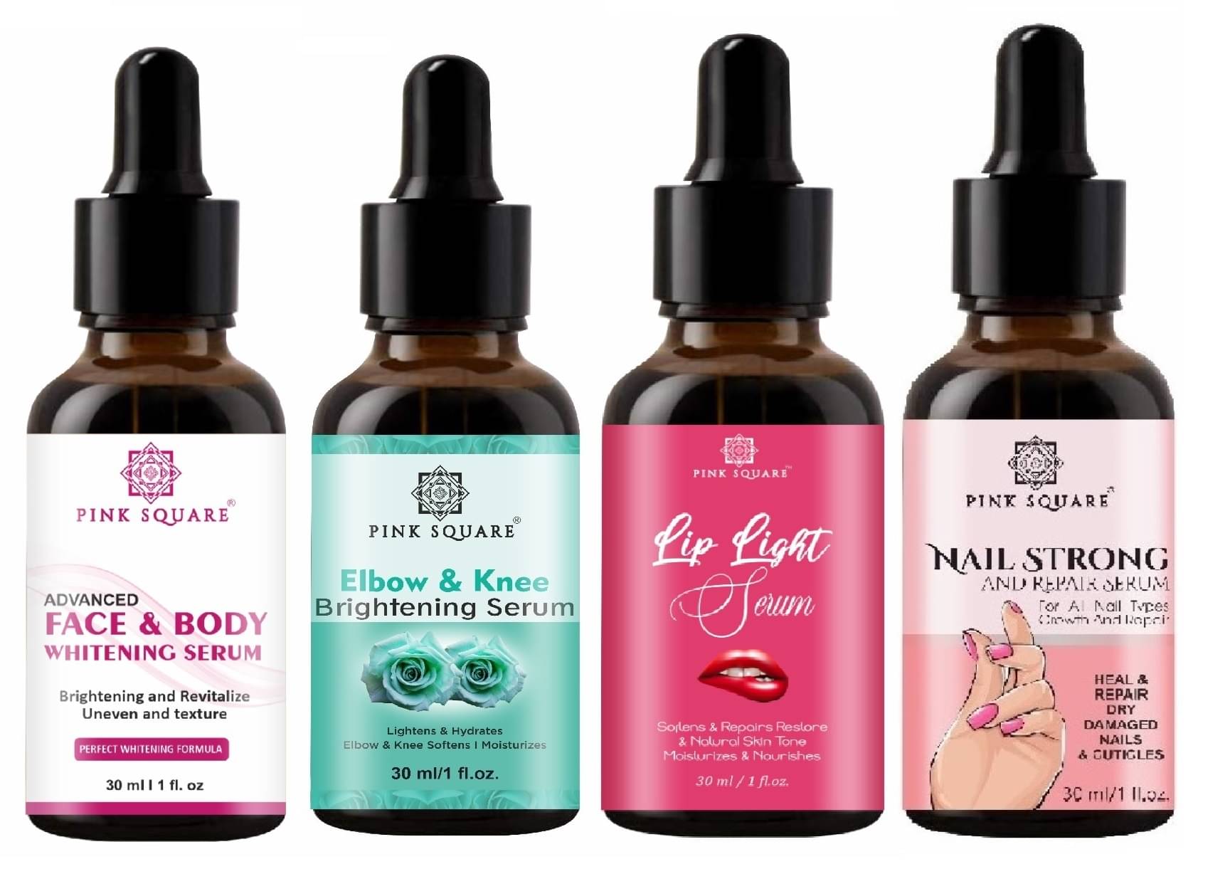 Face and Body Whitening Serum, Elbow and Knee Brightening Serum, Lip Light Serum & Nail Strong and Repair Serum (Each,30ml) Combo of 4 Face and Body Whitening Serum, Elbow and Knee Brightening Serum, Lip Light Serum & Nail Strong and Repair Serum (Each,30ml) Combo of 4