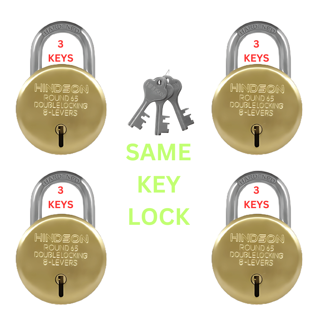     			Hindson Aligarh Locks with Same Key – 4 Pack Common Key Lock Set, 65mm Silver Gold Metal Padlocks, High-Security Door Locks for Home, Shop, Gates, and Shutters