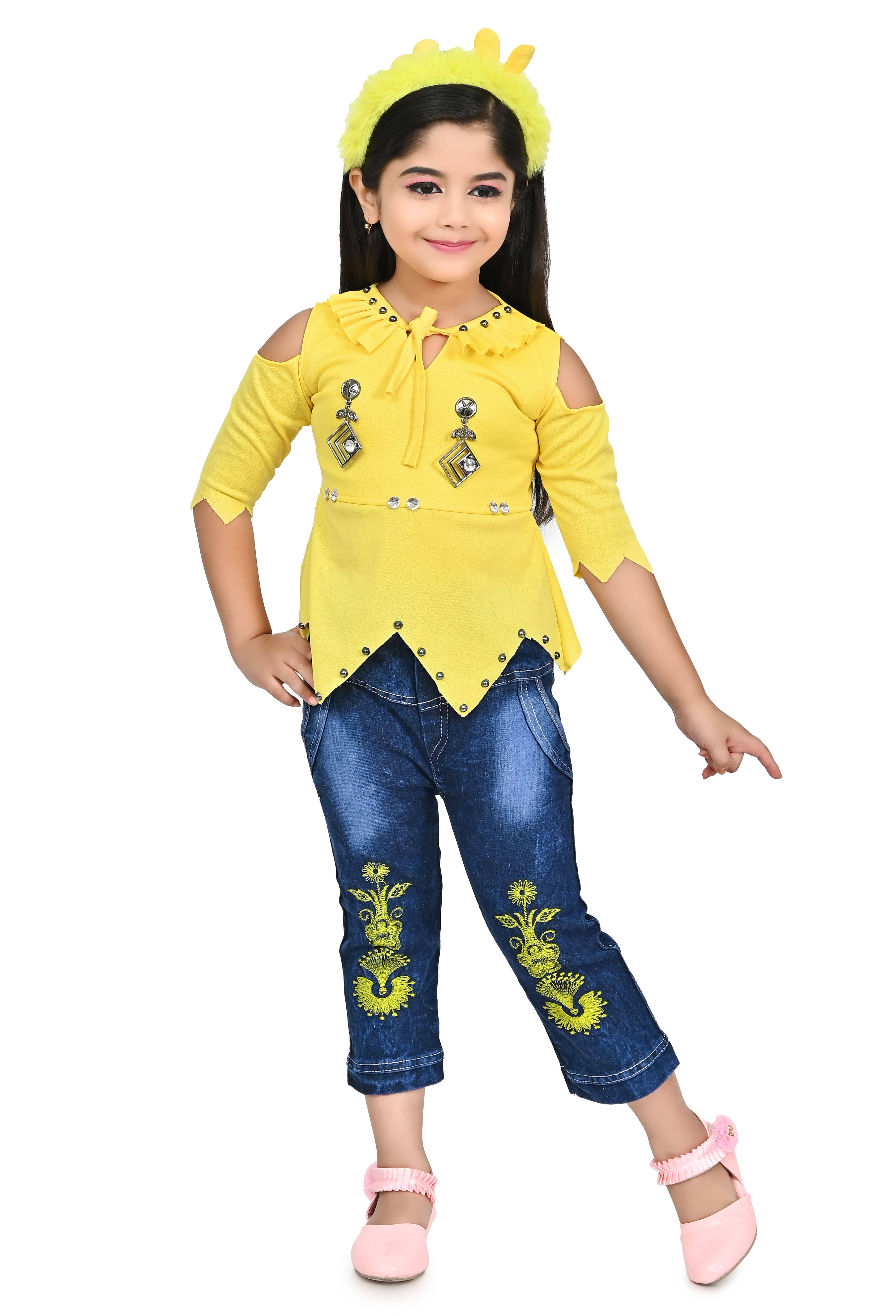 IMON BASID Pack of 1 Girls Linen Top With Jeans ( Orange )